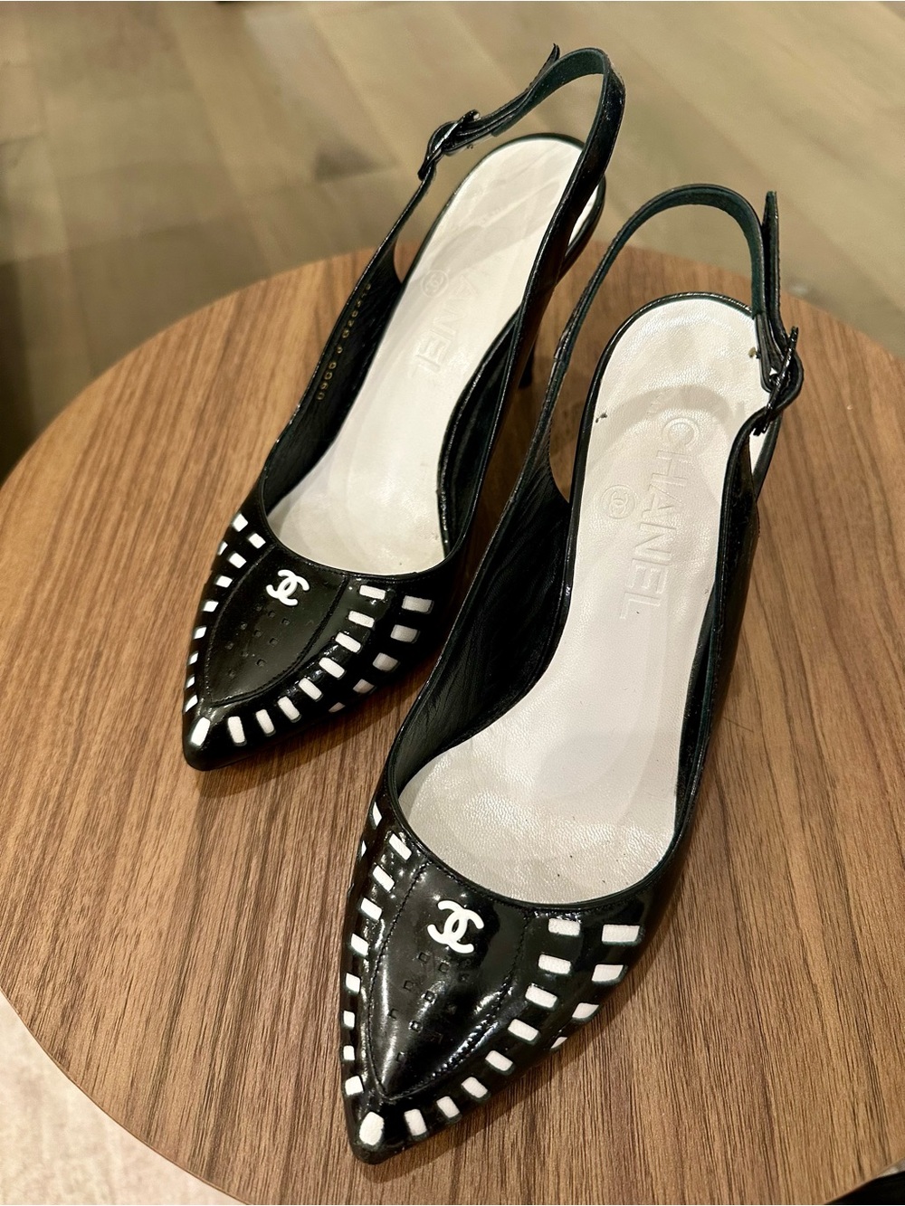 CHANEL Black and White Slingback Heels